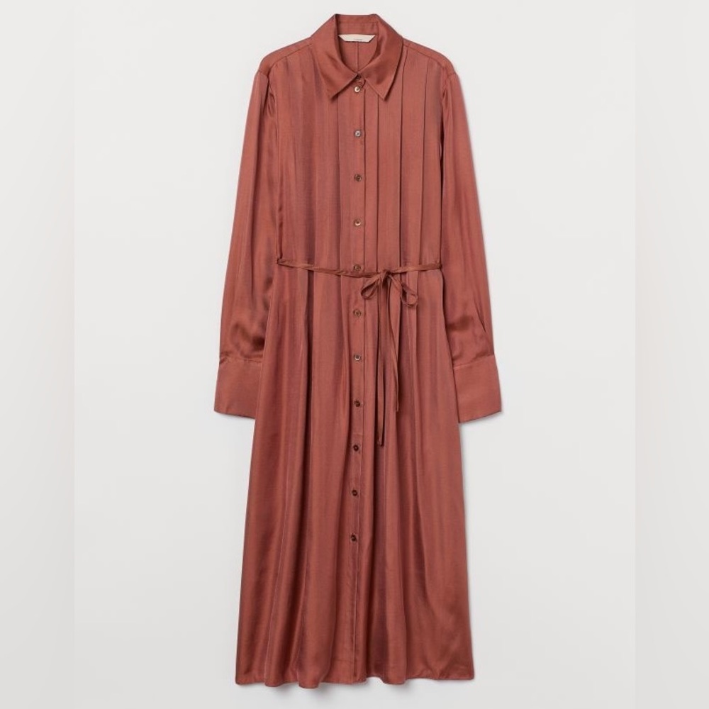 NWT | H&M Premium Quality | Silk-blend Shirt Dress | Small | Rusty Brown